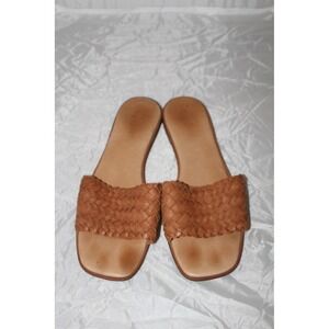 Madewell Woven Leather Slide Sandals Tan English Saddle Square Toe Flat Size 7.5